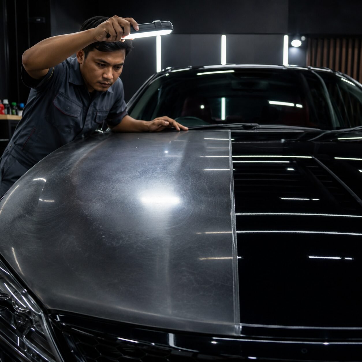 Teknisi Zenith Motor menunjukkan perbandingan cat mobil cepat kusam yang telah teroksidasi dengan cat yang sudah direstorasi.