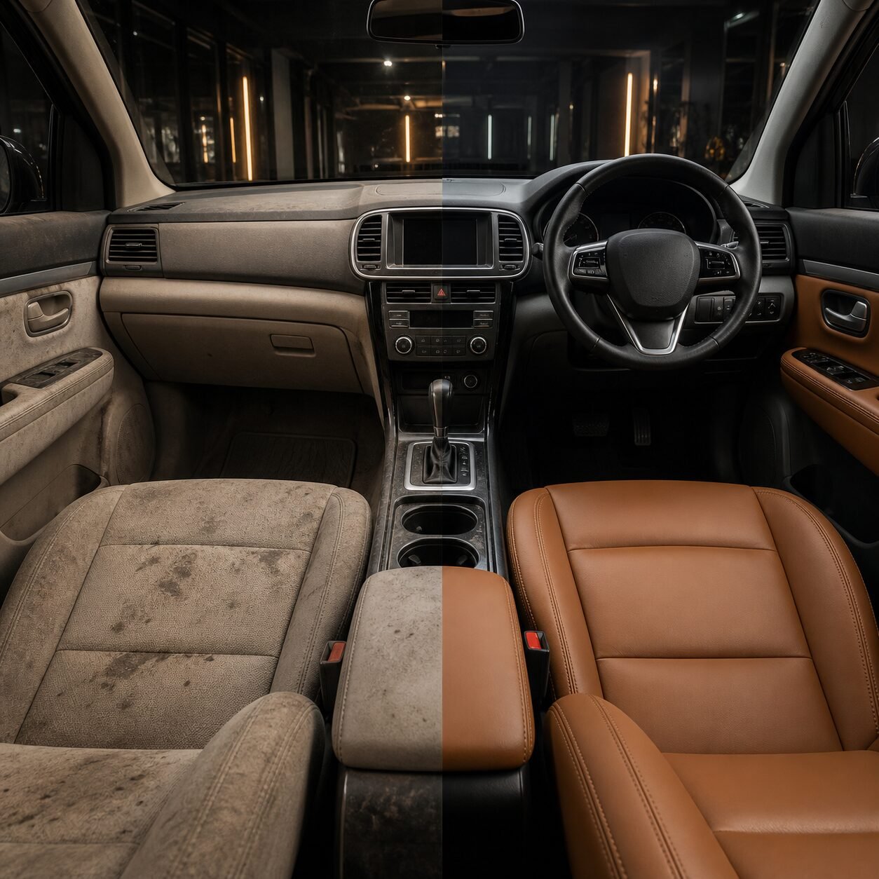 Perbandingan detailing dashboard mobil stir kanan (RHD) yang kusam menjadi hitam natural (matte) tanpa minyak.