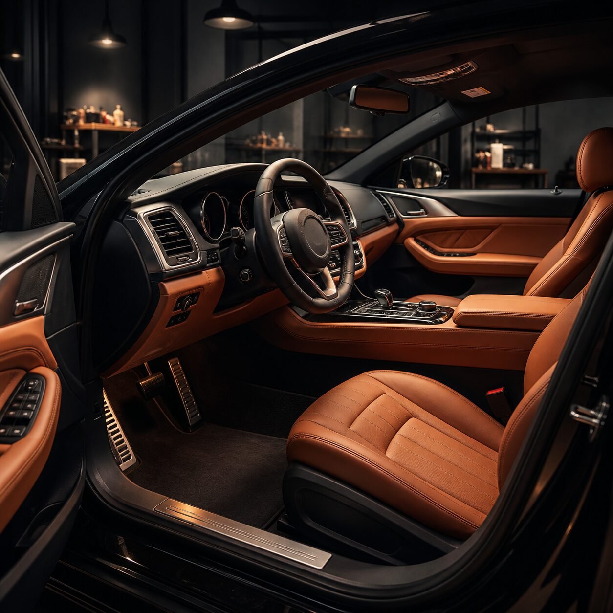 Menggunakan kuas detailing khusus untuk membersihkan debu dan kotoran di celah dashboard mobil.