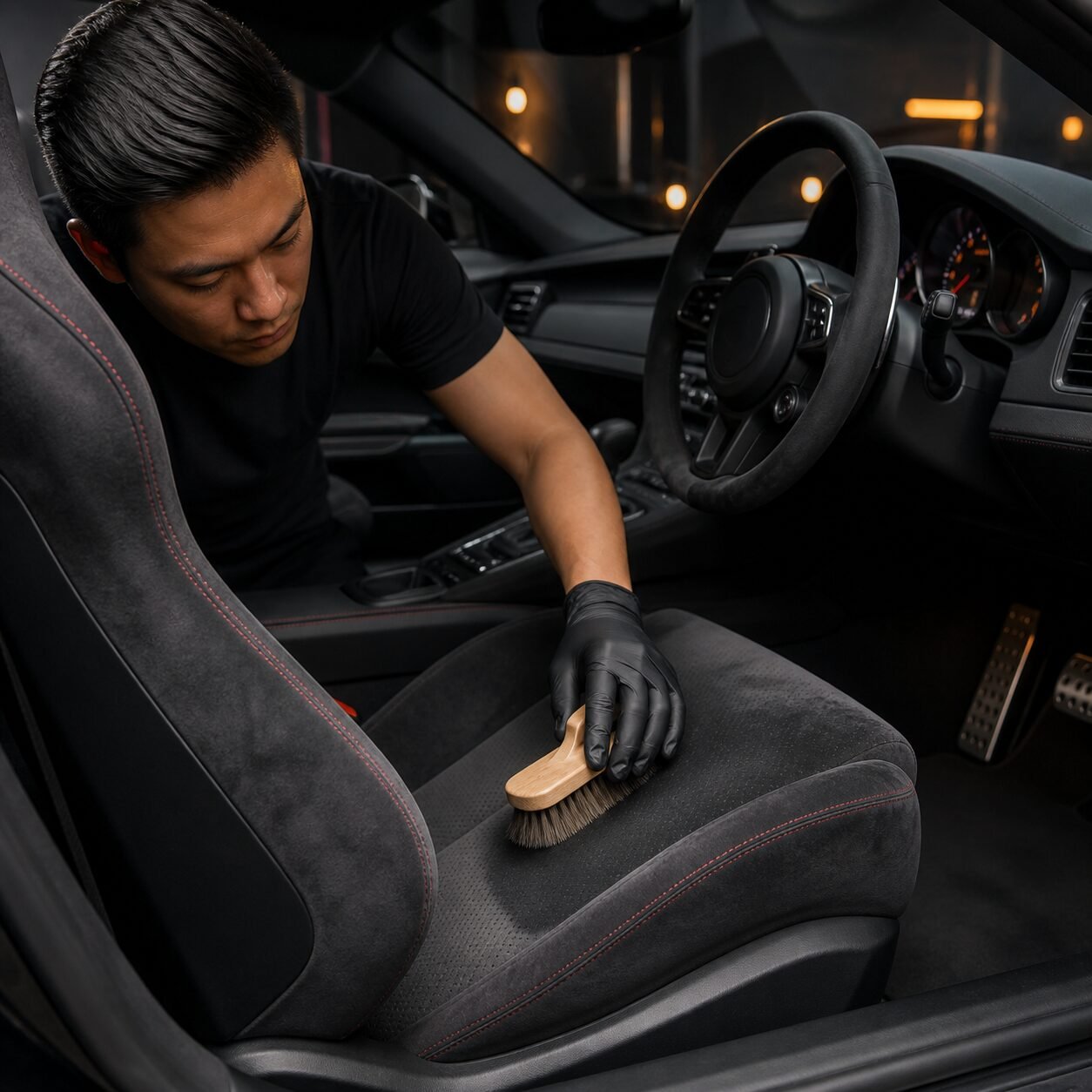 Praktik cara membersihkan jok mobil berbahan fabric (kain) menggunakan busa pembersih dan mesin ekstraktor vakum.