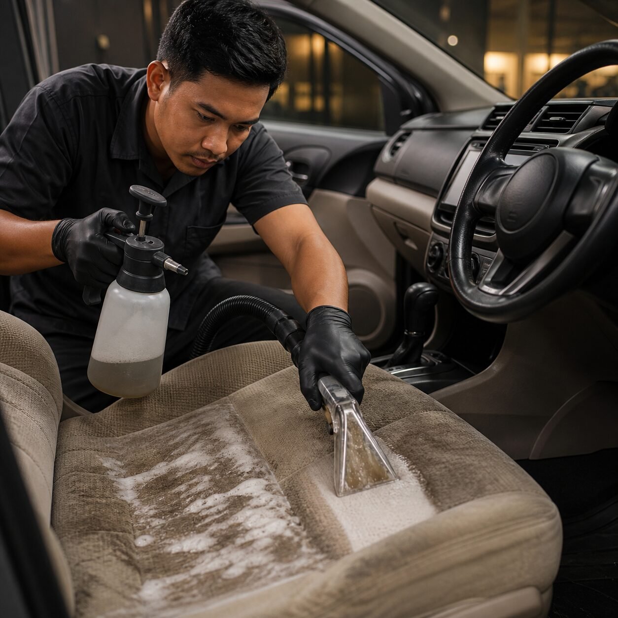 Teknisi Zenith Motor sedang fokus melakukan detailing pada dashboard mobil stir kanan (RHD) yang memakan waktu cukup lama.