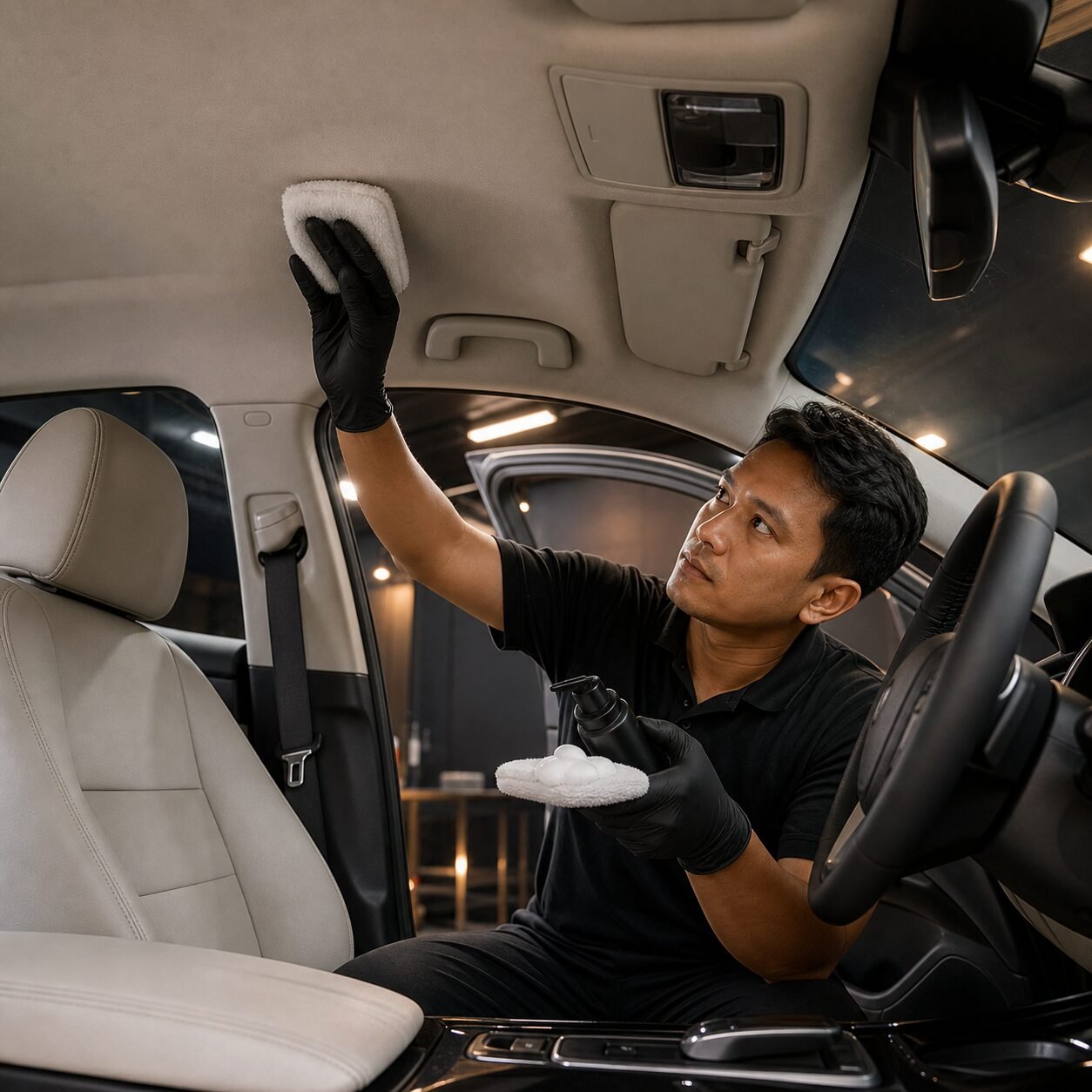 Hasil akhir jok kulit dan panel pintu yang bertekstur matte (doff) dan tidak berminyak menandakan detailing profesional.