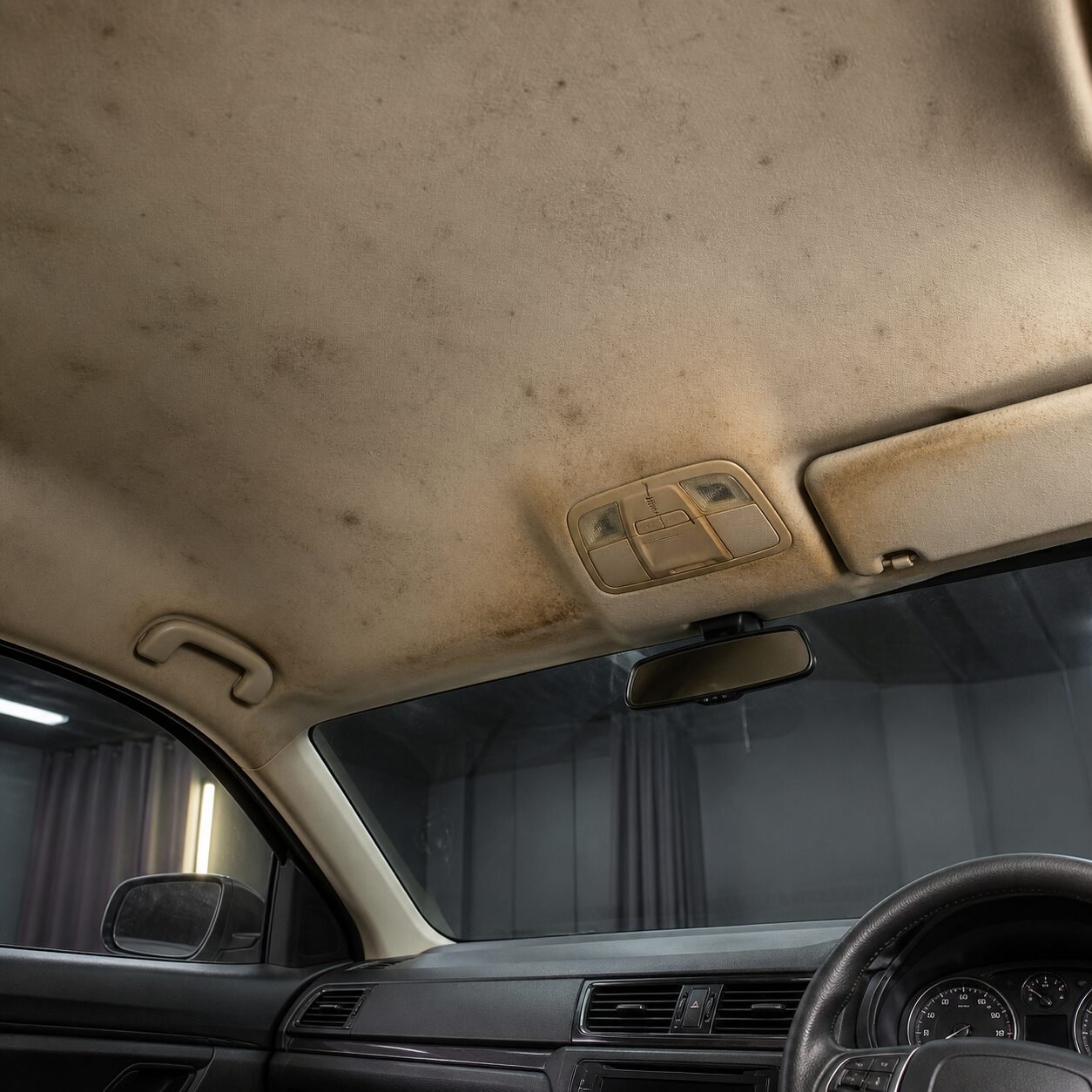 Proses detailing plafon mobil menggunakan teknik dry foam cleaning agar air tidak meresap ke dalam busa.