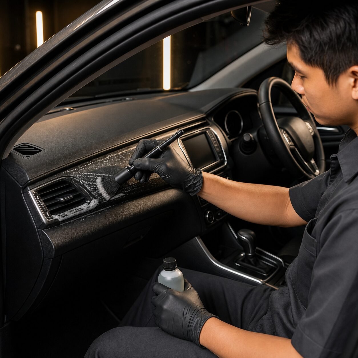 Ruang kemudi stir kanan (RHD) pada mobil modern yang dipenuhi modul elektronik dan layar sentuh rawan air.
