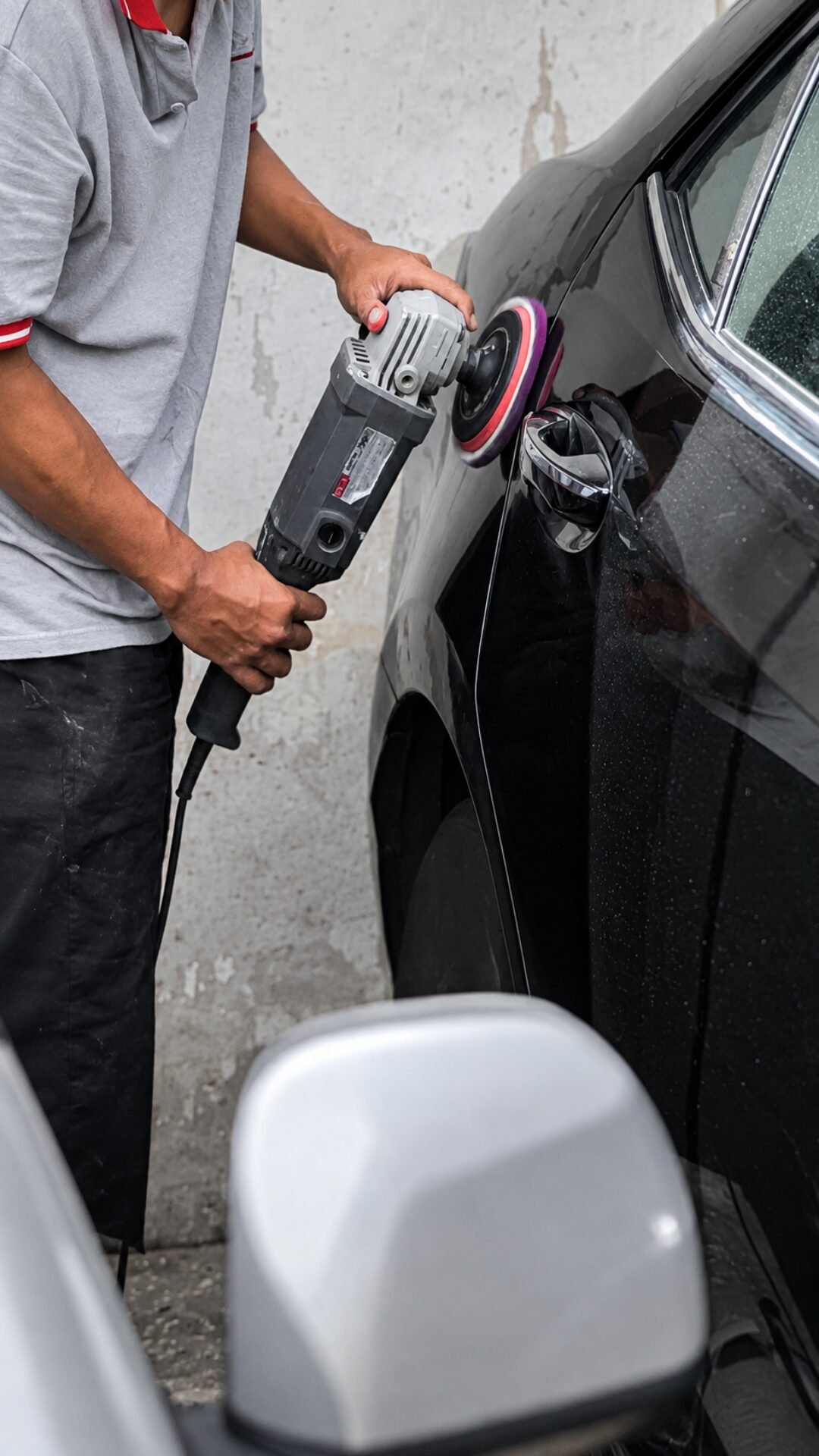 Tahap polishing menggunakan mesin poles untuk mengikis baret halus dan memulihkan lapisan pernis cat mobil.