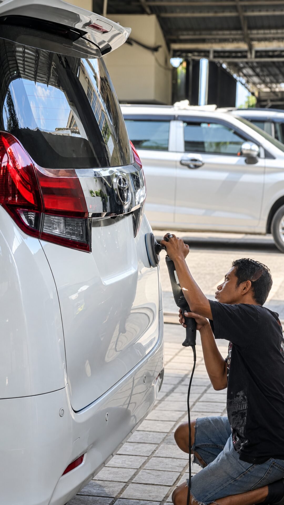 Cairan iron remover melunturkan partikel serbuk besi pada cat mobil yang ditandai dengan perubahan warna menjadi ungu (bleeding effect).