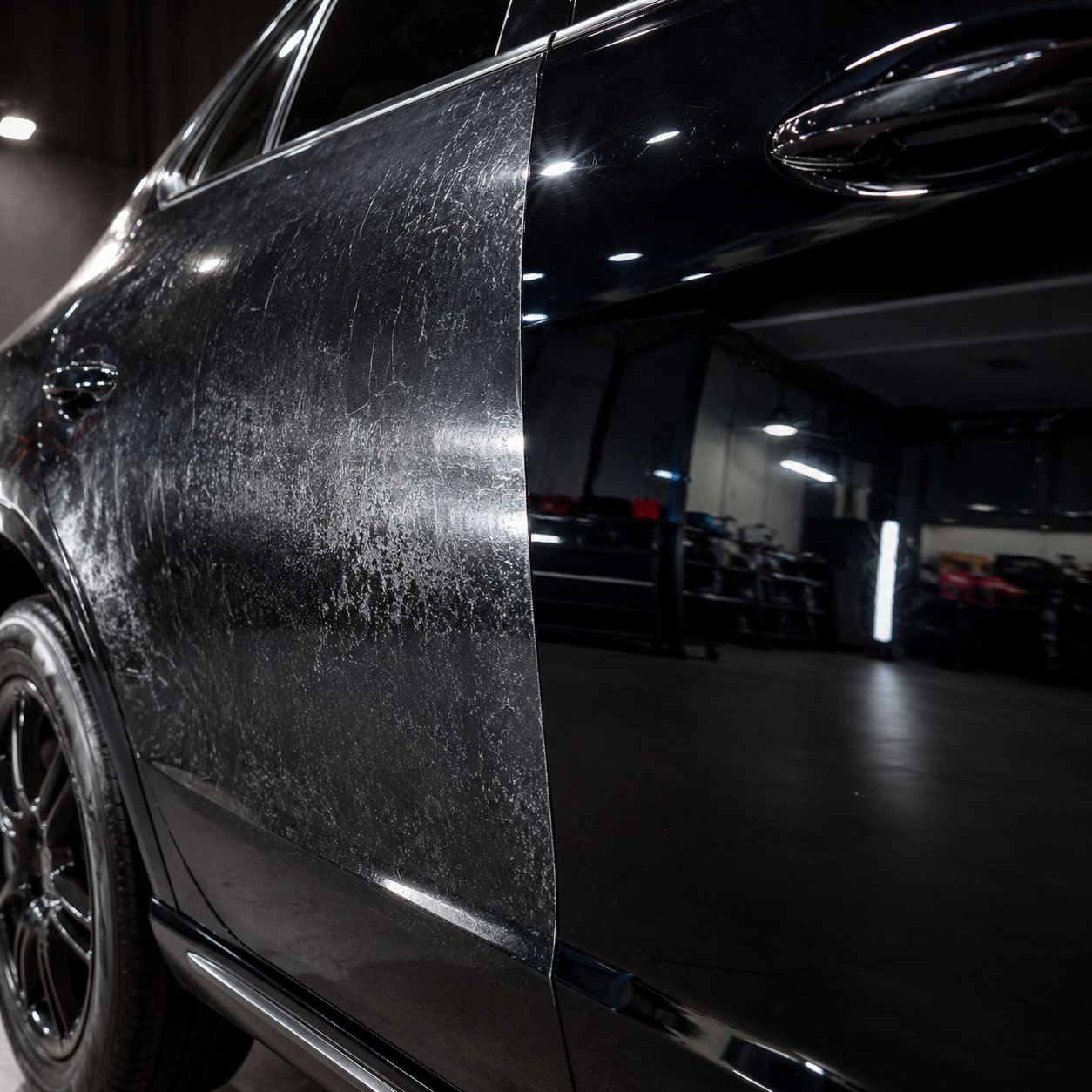 Proses pengamplasan (sanding) untuk membuang lapisan clear coat mobil mengelupas sebelum dicat ulang.