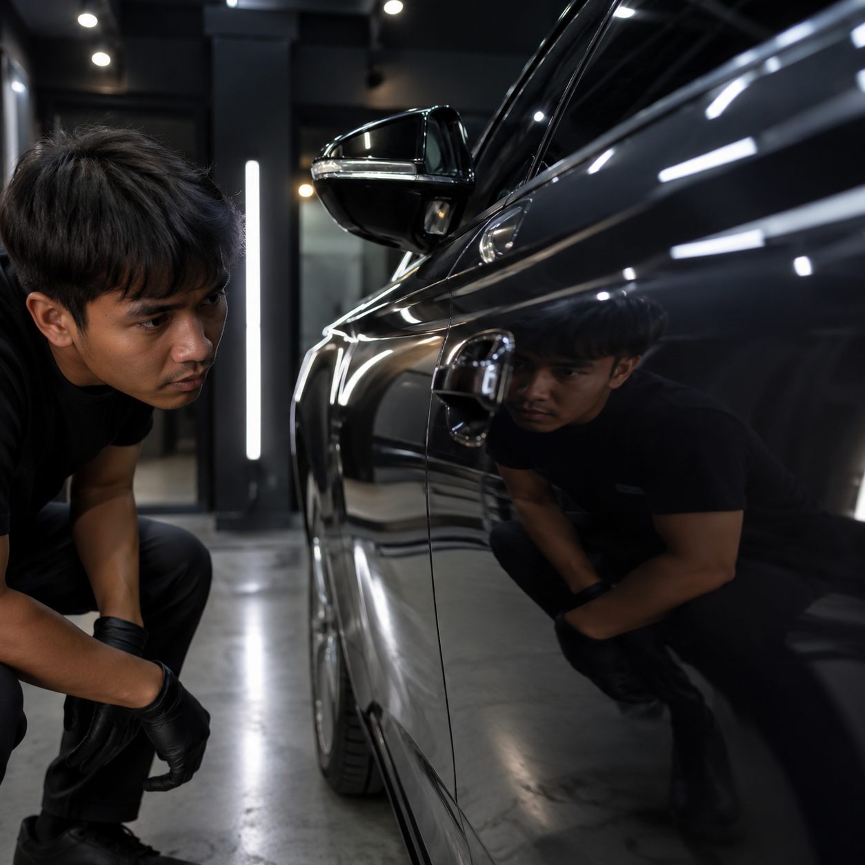 Teknisi Zenith Motor menginspeksi masalah clear coat mobil mengelupas pada bagian kap mesin.