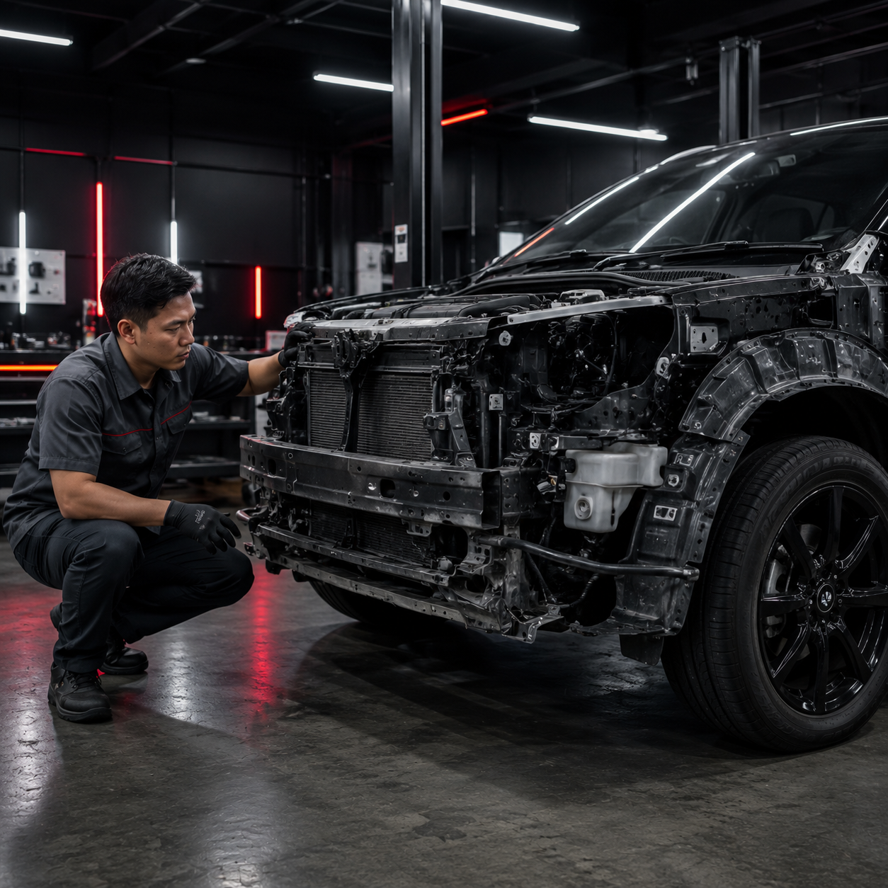 Teknisi Zenith Motor melakukan inspeksi kerusakan mendalam untuk body repair mobil tabrakan Jogja.